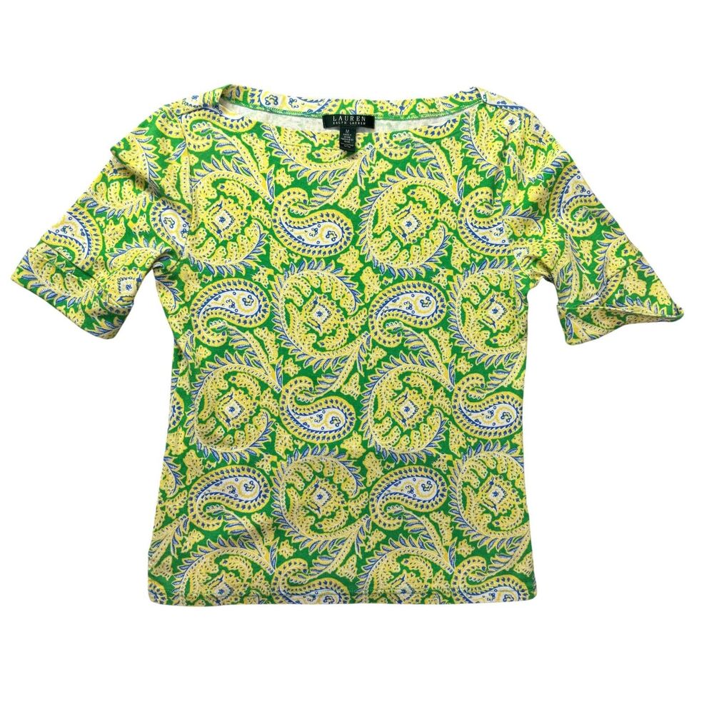 Lauren Ralph Lauren Top Women's Medium Yellow Green Short Sleeve Paisley Stretch